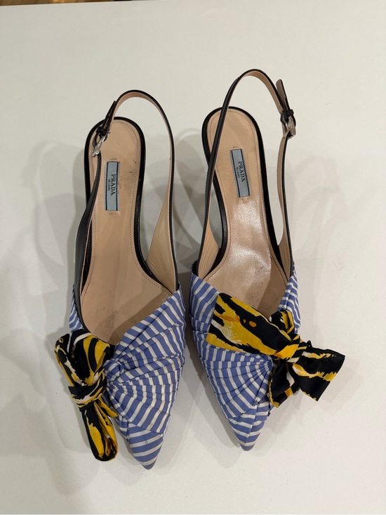 Prada Shoes - Prada Blue and White Striped Slingback Bow Mules
